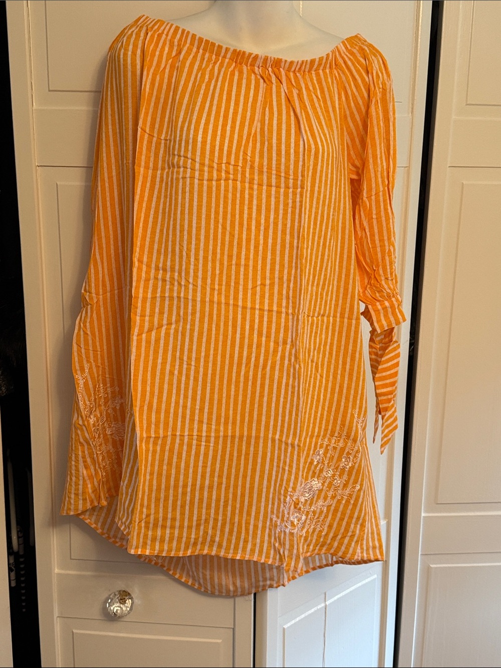Orange & White Striped Off-Shoulder Tunic Coverup
